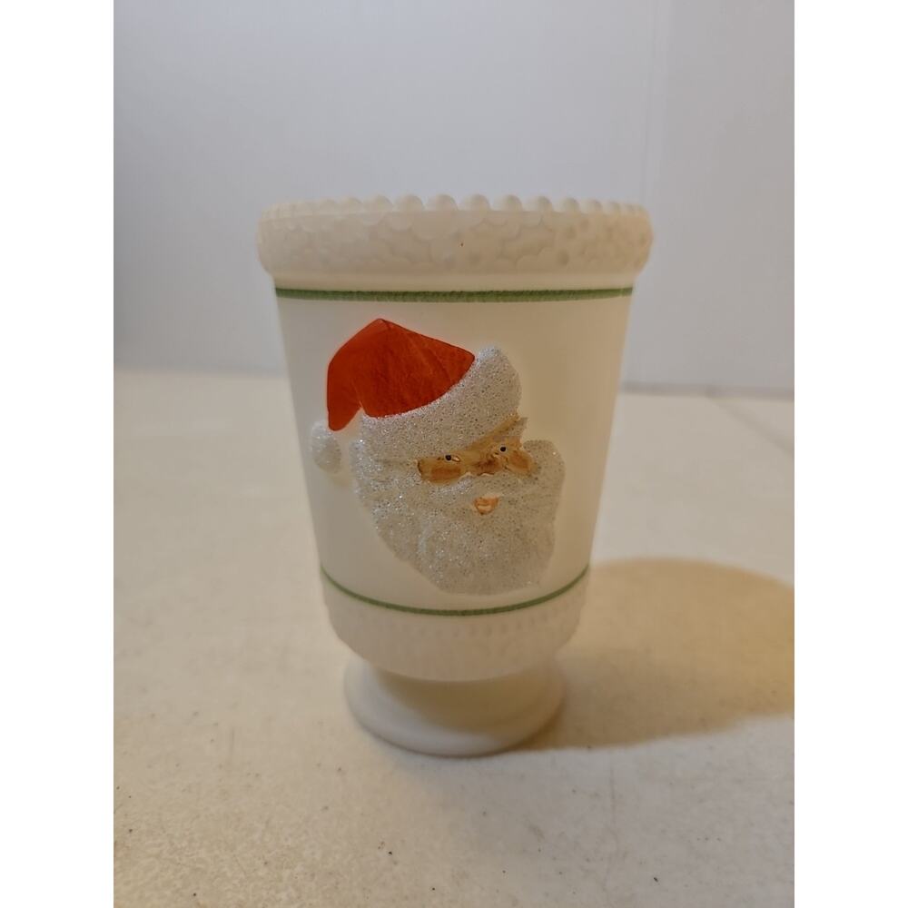 Vintage White Satin Hand Painted Fenton Santa Candle Holder Signed